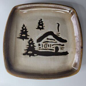Woodland Home Studio Plate‎ Cabin  Tree Lodge Brown 9 Inch Square Rustic Glaze